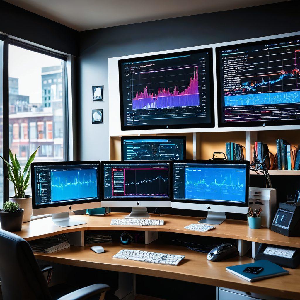 A modern, sleek workspace featuring a high-tech computer setup with coding screens, showcasing various web development frameworks like HTML, CSS, and JavaScript. The background includes inspirational elements like charts, cutting-edge gadgets, and a bookshelf filled with tech manuals. Professional and organized atmosphere, hinting at mastery and productivity in the field of web development. digital art. vibrant colors.