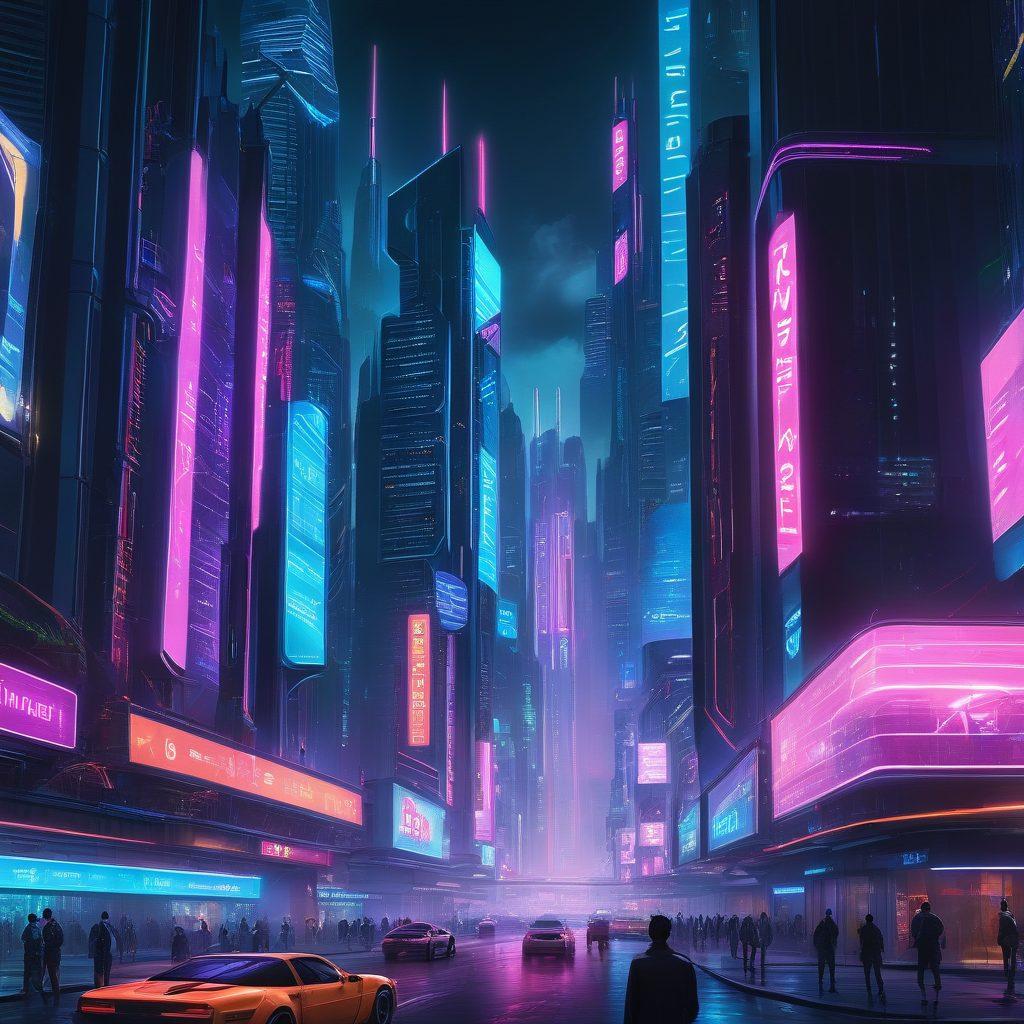 A futuristic cityscape with sleek skyscrapers, glowing neon signs showcasing digital marketing icons, and a prominent Section Seven logo. A diverse group of professionals interact with holographic interfaces detailing website solutions in a vibrant tech environment. cyberpunk. vibrant colors. super-realistic.